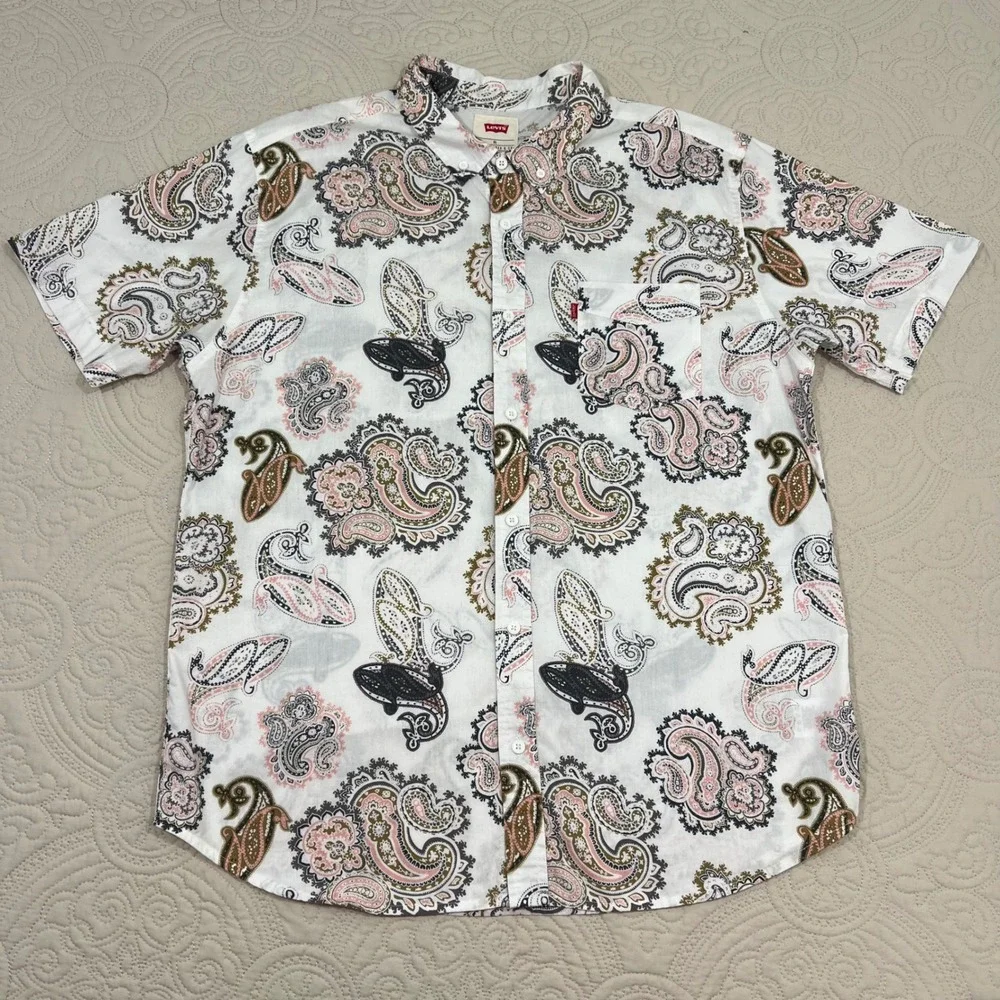 LEVIS STRAUS Men's Paisley‎ Shirt Sleeve Button Up All Over Print XL White Pink